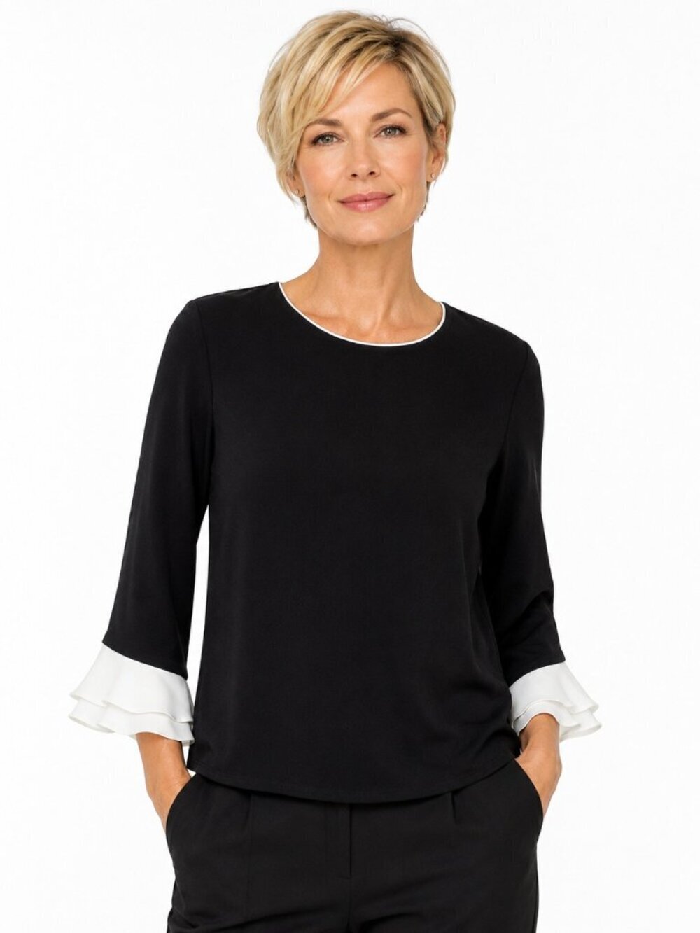 Karl Lagerfeld Black White Ruffle Sleeve Blouse